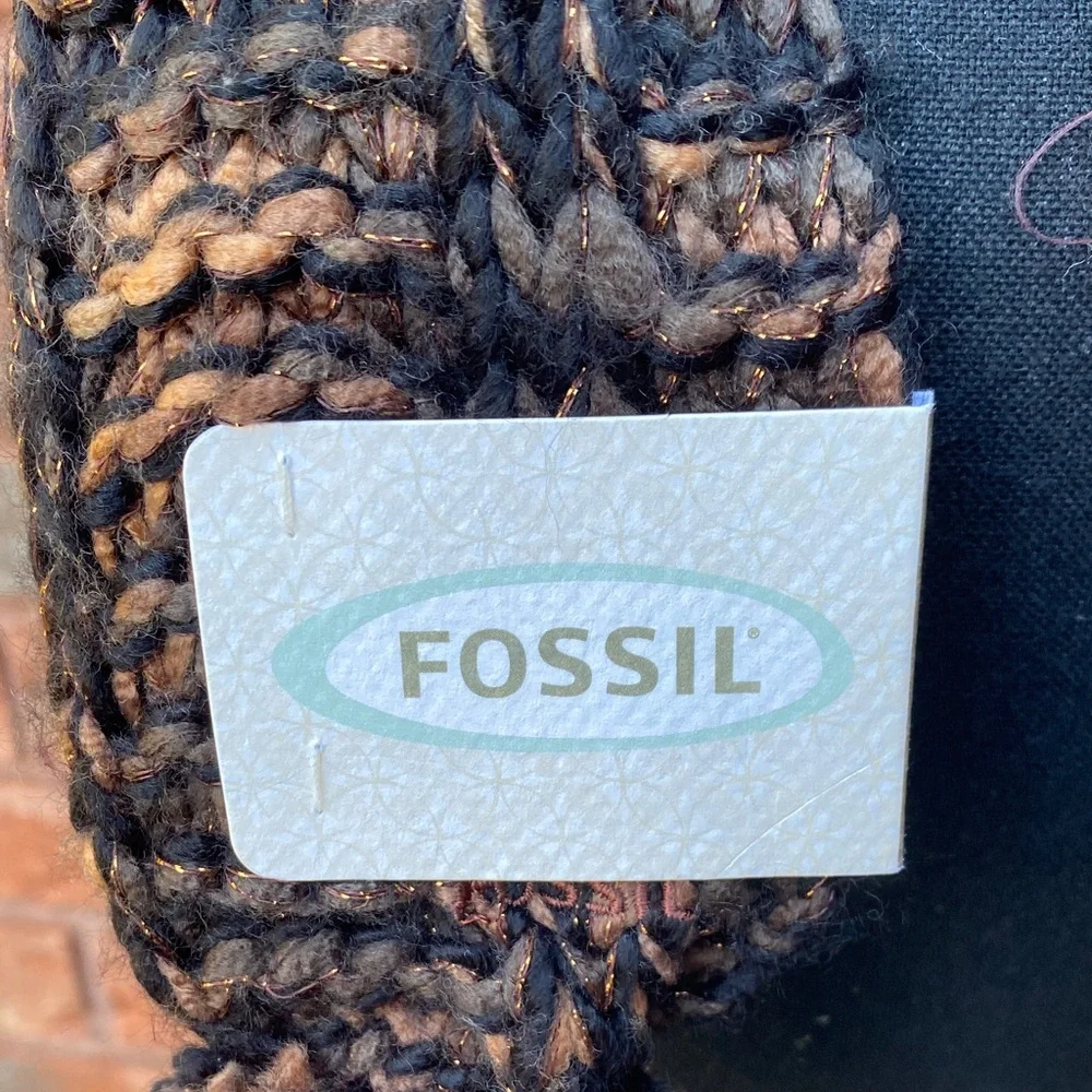 NWT Fossil Black Brown Knit Scarf with Pom-Poms